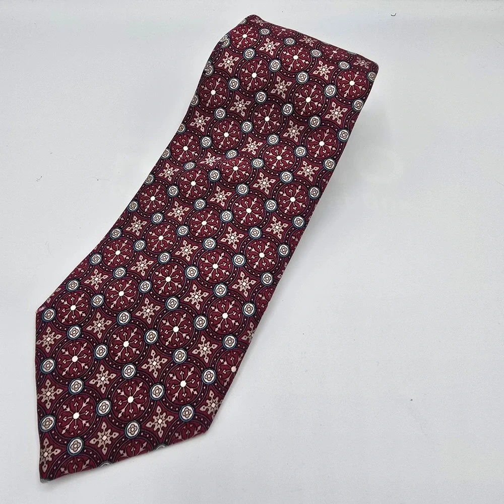 Christian Dior Silk Jacquard Geometric Pattern Tie Men's Burgundy Blue 55 Inch‎
